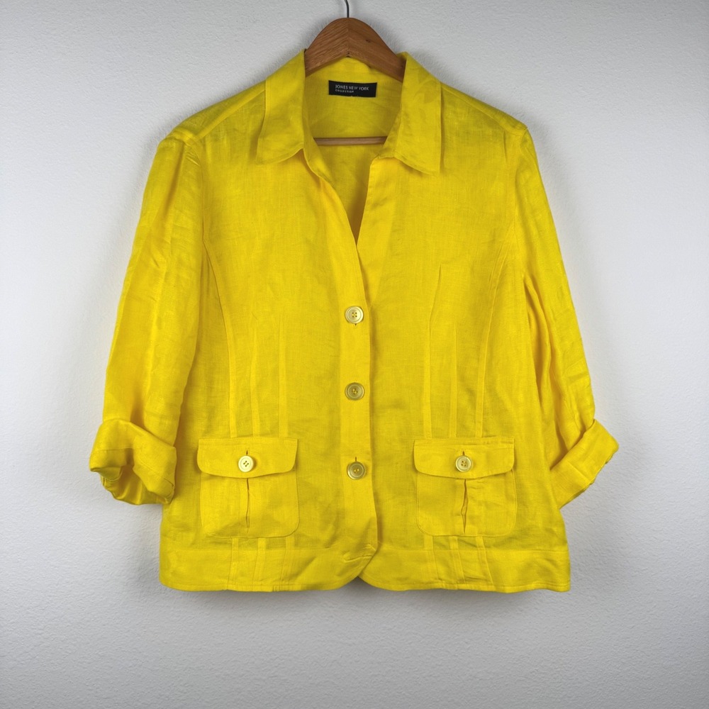 Jones New York Linen Jacket Women 10 Yellow Excellent Floral Jacquard Blazer